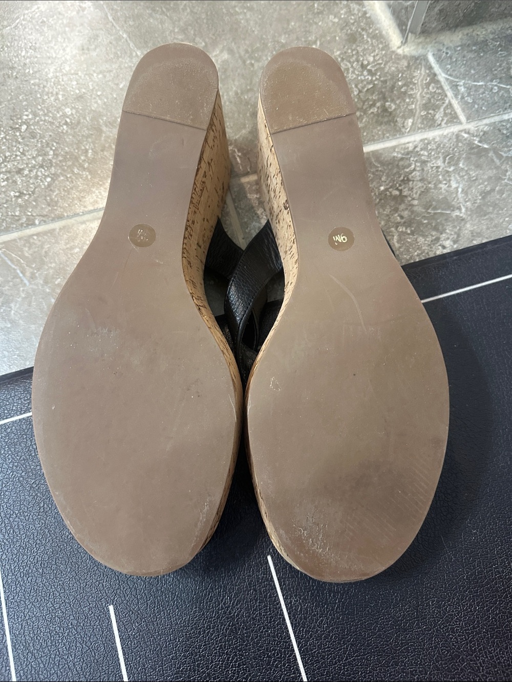 Tory Burch Black Leather Cork Wedge Thong Sandals - Picture 3 of 7
